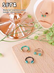Morlyda 3Pcs/Set Cool Colorful Nose Ring Horseshoe Nose Hoops Earring 16g Stainless Steel Septum Jewelry Nose Ring Lip Ring Hinged Septum Hoops Piercing Jewelry, Septum Clicker Ring, Hoop Nose Ring For Septum, Helix, Rook, Tragus, Daith, Cartilage Earring For Women Men Halloween Piercing Body Jewelry For Party Dates Daily Wear