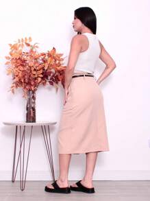 Women's Midi Skirt With Side Slit Tailoring Evangelical Fashion Secretary Fashion * INCLUDES BELT * - 米色 - 查看 3