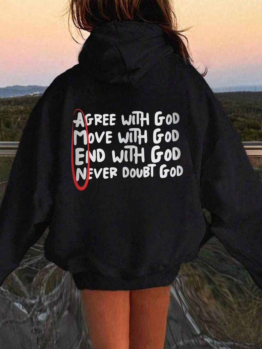 Tween Girl Faith Inspirational Sweatshirt - Plush Lined Warm Sweatshirt With "Agree With God, Move With God, End With God, Never Doubt God" Slogan Print, Suitable For Autumn/Winter - Black - View 1