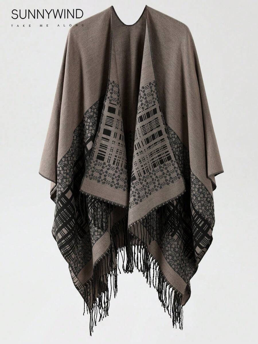 1 件时尚百搭休闲高端优雅格子斗篷，适合秋冬季 - 卡其色 - 查看 1