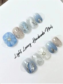 Bộ 10 mẫu vẽ tay đơn giản và đa năng tự làm, màu xanh biển và hồng nude phù hợp, bề mặt móng nhuộm vàng, tạo hình hoa ba chiều vẽ tay, phong cách thanh lịch và nhẹ nhàng tinh tế, bao gồm móng tay giả hình vuông ngắn, 1 gel thạch và 1 dũa móng, hoàn hảo cho cuộc sống hàng ngày và trang phục dự tiệc, dụng cụ làm móng (thẻ trưng bày ngẫu nhiên) - Nhiều màu - Xem 2