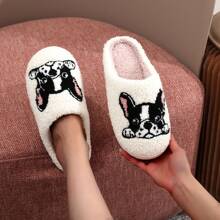 1 par de pantuflas gruesas y forradas de felpa con bordado de bulldog francés, patrón de perro, ideales para mamás de mascotas, invierno, regalo navideño