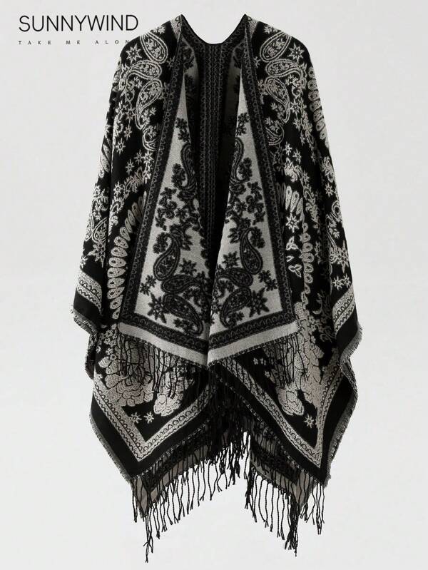 1 Peça Poncho de Frente Dividida com Flor Paisley Elegante e Casual