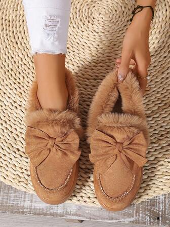 Winter New Style Bow Plush Warm Shoes Super Light Flat Thicker Shallow Snow Boots (Run Half Size Larger)