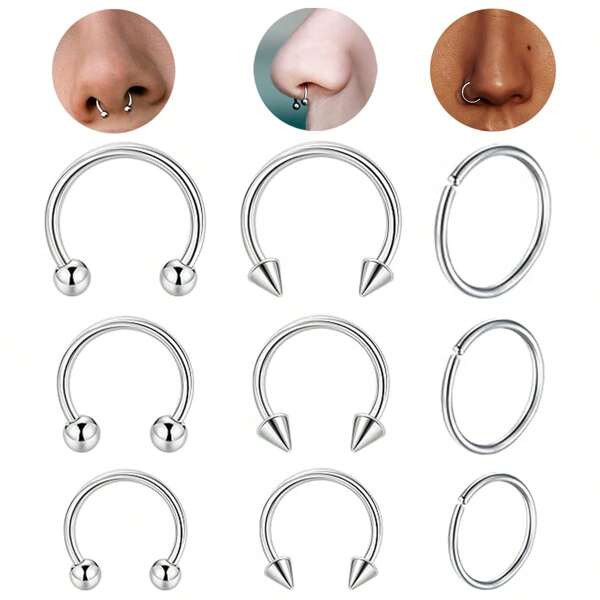 9Pcs Argolas de septo nasal de aço cirúrgico Brincos de argola em forma de ferradura Cartilagem Hélix Tragus Sobrancelha Lábio Daith Piercing Articulado Sem Costura Septo Anel de nariz para mulheres Homens 6mm 8mm 10mm