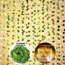 1pc 2M/5M/10MGreen Leaf Vine Decorative String Lights, Battery Powered, Hanging Vine, For Bedroom, Party, Wedding, Christmas, Thanksgiving, Four Seasons Decoration, Home, Fireplace, Stairs, Handrails, Balcony, Corridor, Curtain Decoration(Purchase Multiple Items To Achieve The Main Image Effect)