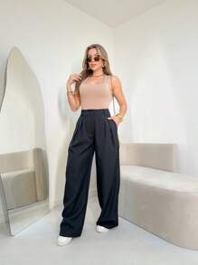Louis Marrant Women's Wide Leg Pants With One Button, Open Zipper And Side Pockets - màu đen - Xem 3