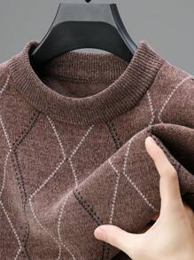 咖啡色男士圆领菱形格子保暖内衬厚仿羊绒针织毛衣，冬季 - 咖啡棕 - 查看 7