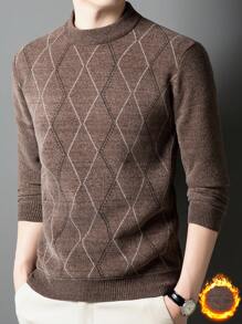 咖啡色男士圆领菱形格子保暖内衬厚仿羊绒针织毛衣，冬季 - 咖啡棕 - 查看 4