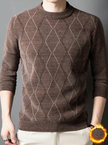 咖啡色男士圆领菱形格子保暖内衬厚仿羊绒针织毛衣，冬季 - 咖啡棕 - 查看 3