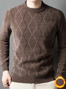 咖啡色男士圆领菱形格子保暖内衬厚仿羊绒针织毛衣，冬季 - 咖啡棕 - 查看 5