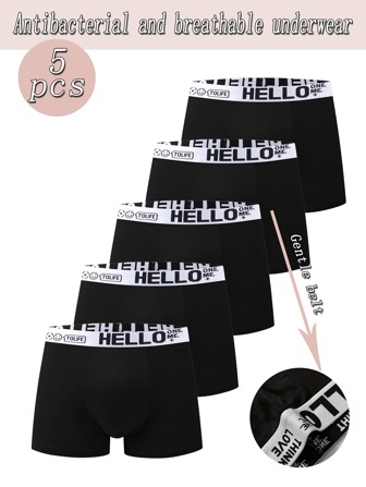 5 Pieces Of "Hello" Style Men's Flat Underwear, Student Antibacterial Breathable Comfortable Flat Underwear, Elastic Sports Shorts, Men's Casual Underwear Daily Underwear