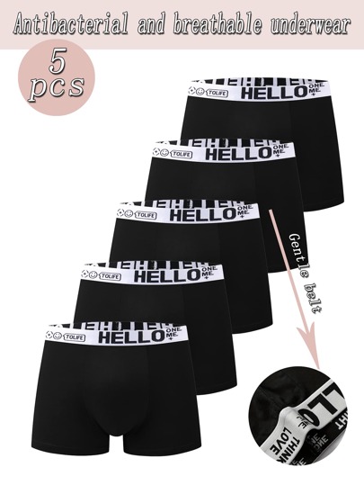 5 Pieces Of "Hello" Style Men's Flat Underwear, Student Antibacterial Breathable Comfortable Flat Underwear, Elastic Sports Shorts, Men's Casual Underwear Daily Underwear