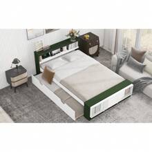 Full Size Platform Bed With Trundle,Storage Headboard And Footboard,USB Charging Design,White+Natural(Expected Arrival Time:10.17) - Trắng + Xanh lá + Gỗ đặc + MDF + Toàn bộ - Xem 5