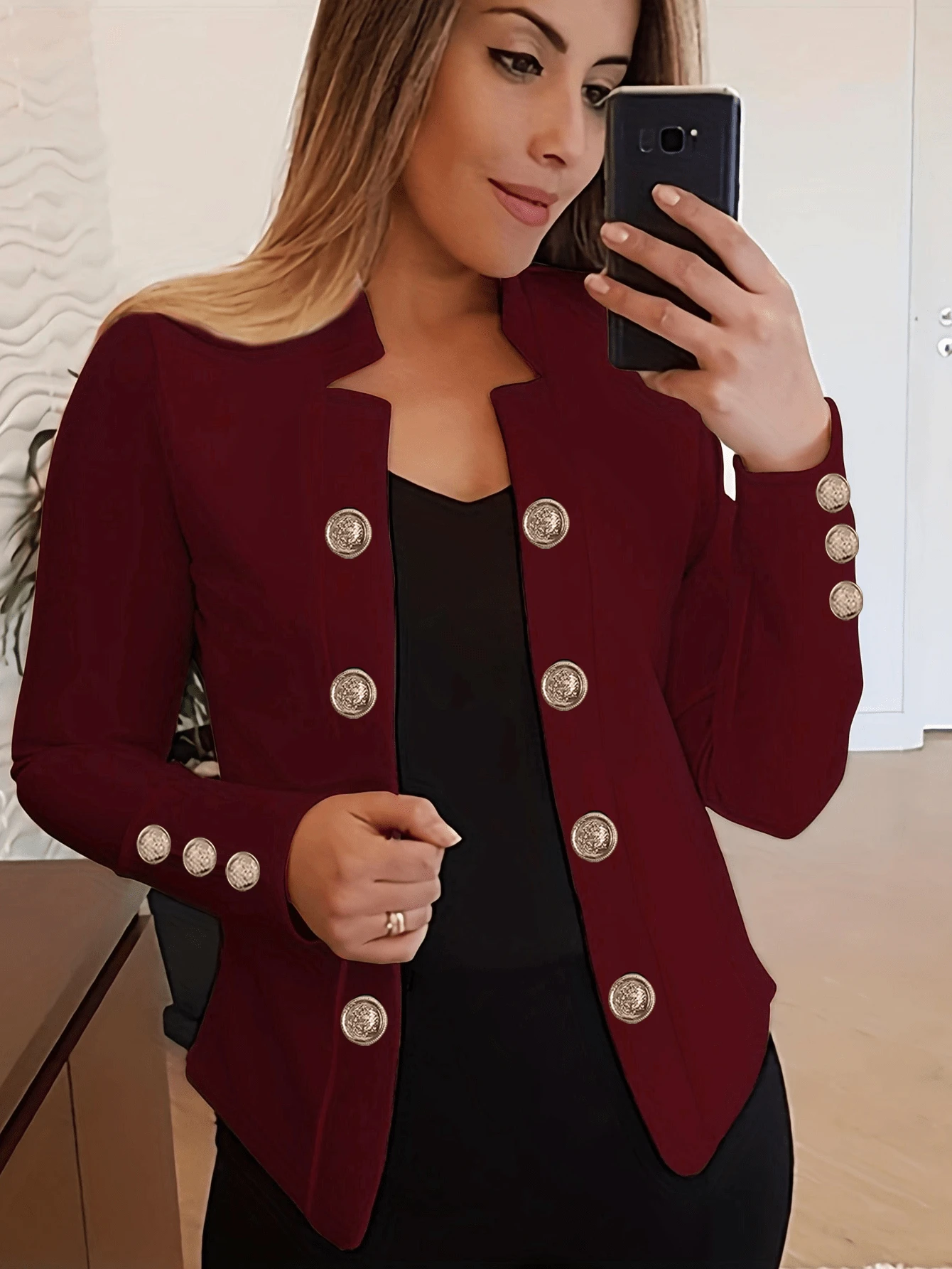 Women Plain Color Button Front Thin Jacket, Spring Autumn - Burgundy - View 1