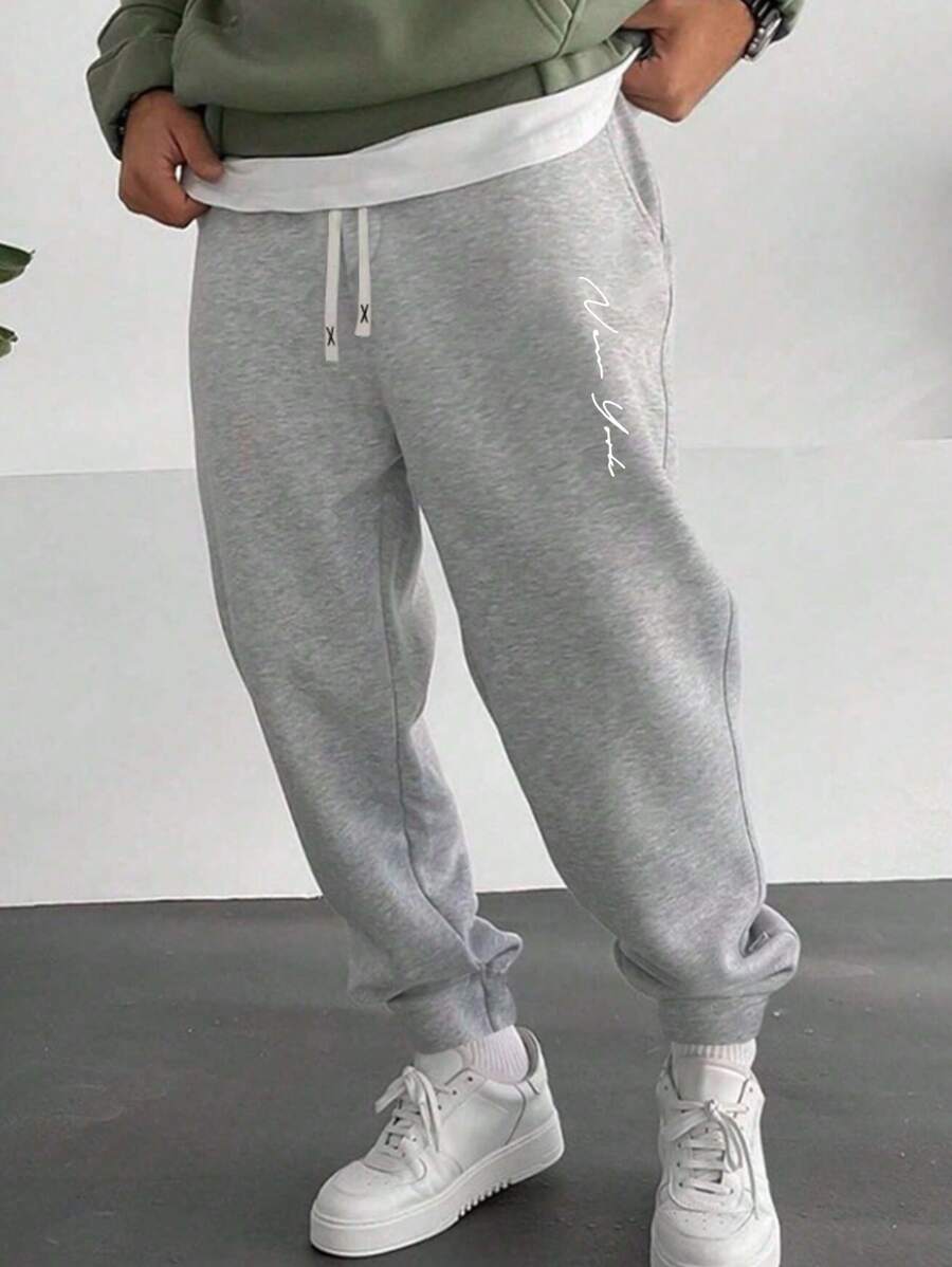 Plus Size Men's Casual Sweatpants With Letter Print - Grey - View 1