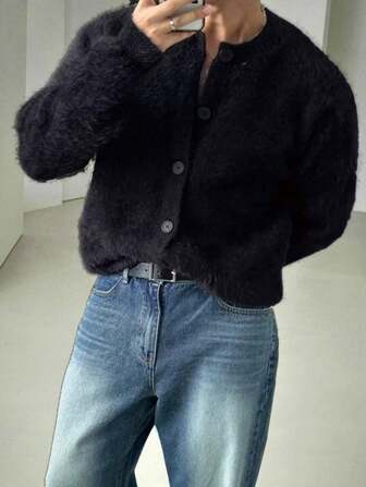 BAI YUE Cárdigan de punto de visón de estilo minimalista y casual, de unicolor, con estética de dinero antiguo estadounidense, versátil, para uso en Navidad y Año Nuevo, de manga larga