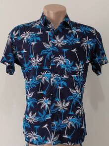 Men's Printed Floral Dress Shirt, Short Sleeve In Viscose - 藏蓝色 - 查看 1