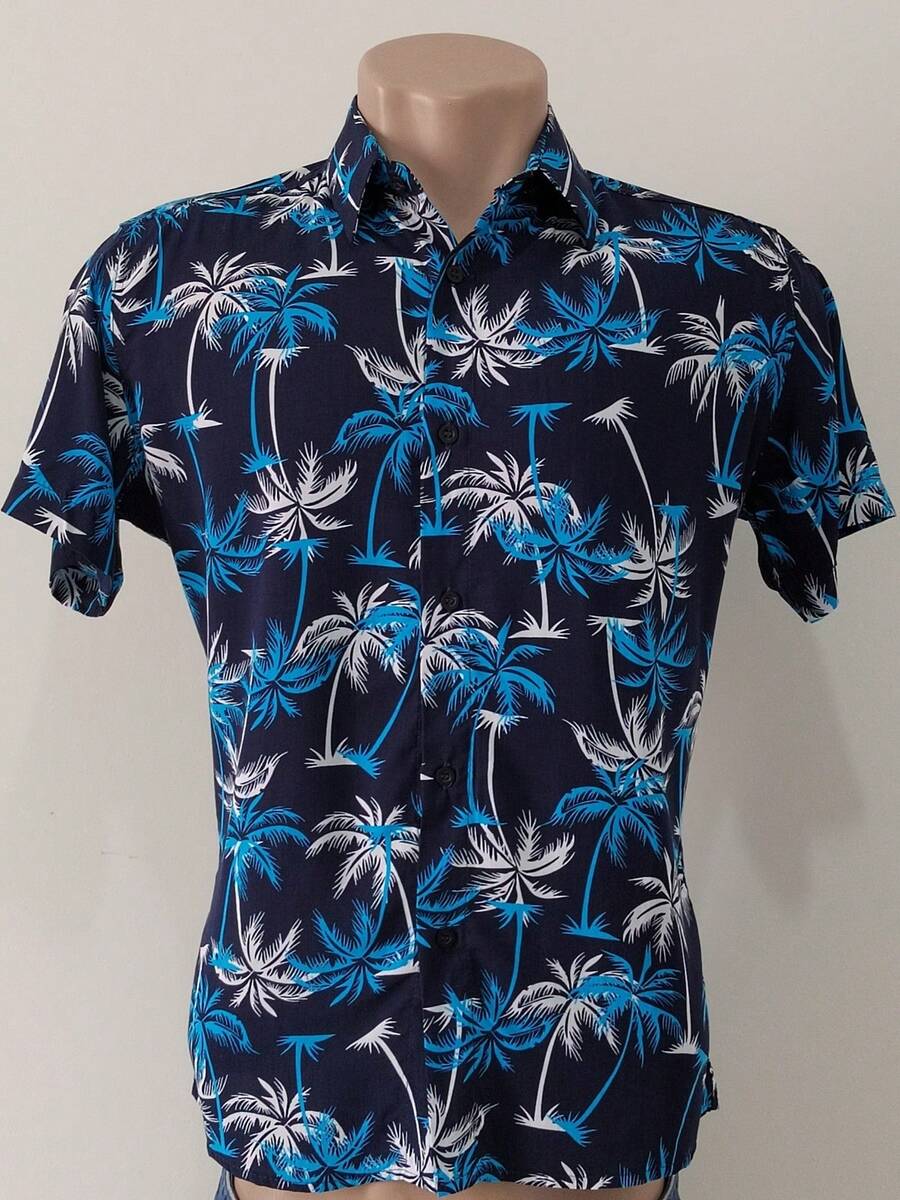 Men's Printed Floral Dress Shirt, Short Sleeve In Viscose - 藏蓝色 - 查看 1