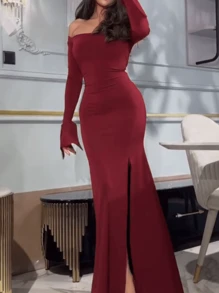 WOWDARK Women Solid Color Long Sleeve Casual Off Shoulder Tie Waist Dress, Autumn - Burgundy - View 6