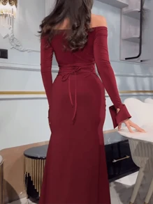 WOWDARK Women Solid Color Long Sleeve Casual Off Shoulder Tie Waist Dress, Autumn - Burgundy - View 7