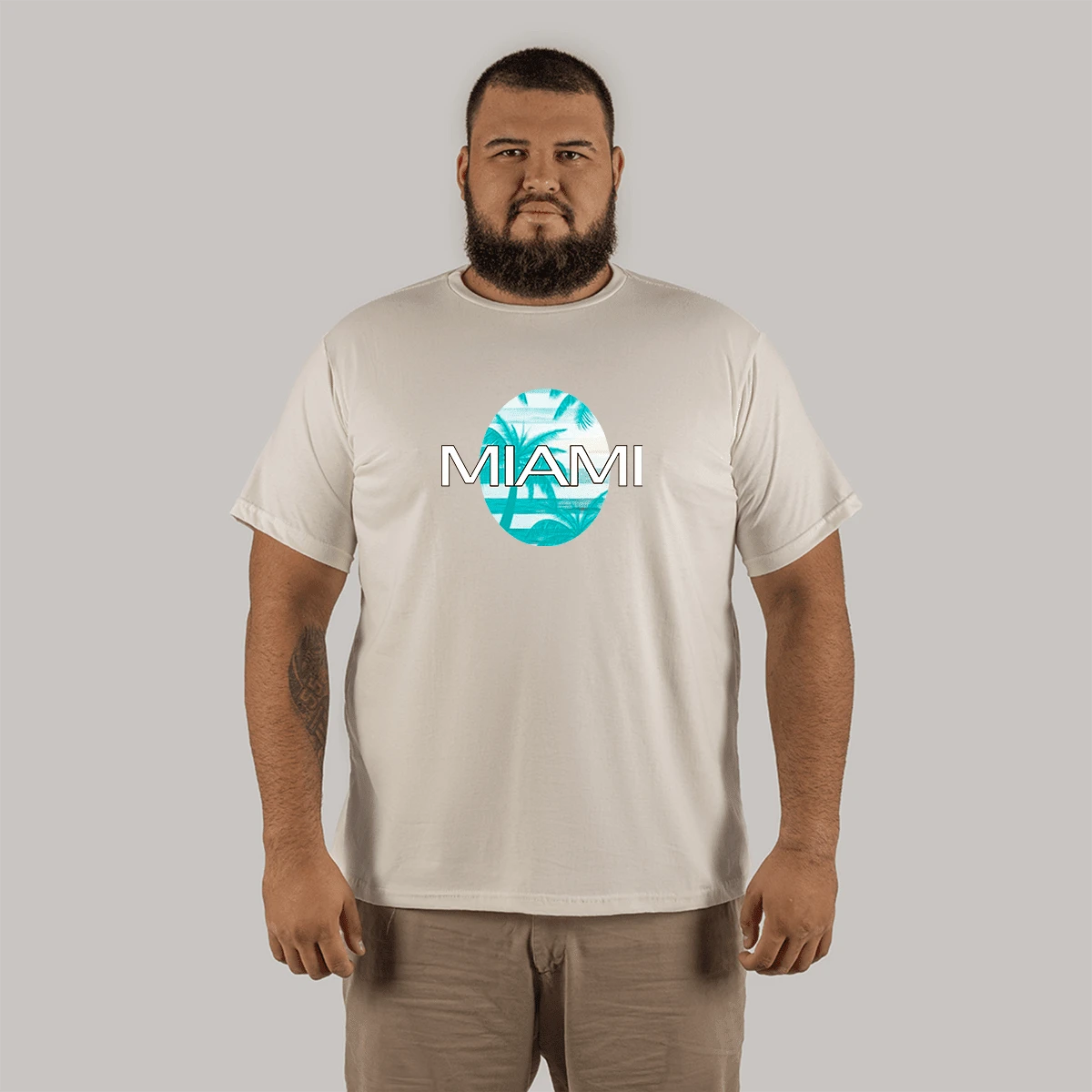 100% Cotton Plus Size Printed T-Shirt Large Shape Street Miami Comb Model - 奶油色 - 查看 1