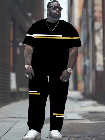 2 件套格子拼接撞色印花男士休闲西装套装，宽松运动装，包含短袖 T 恤和裤子，多件套加大码运动服，舒适服装