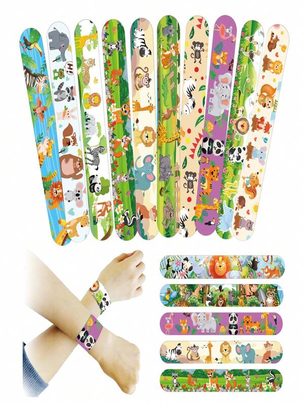 12/24/30 Pieces Of New Pattern Jungle Adventure Party Gift Slap Wristband - Plastic Button Wristband, Suitable For Birthday, Wedding, Bridal Gift Party - Carnival, Christmas, Halloween, Easter Animal Print Theme - Classroom Reward, Party Decoration