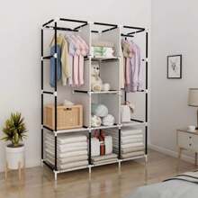 Closet Organizador de Ropa Armario Minimalista de Ropa de Tela y Tubo Aleación para Ropa Organizador Ropero Plegable Funda Antipolvo, Armable y Portátil Cuenta con Amplio Espacio de Almacenamiento y Espacio para Colgar Ropa Fácil de Armar - Camel - Ver 5