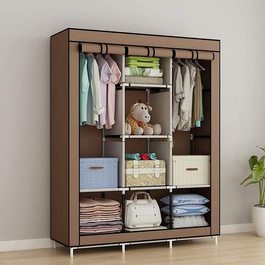 Closet Organizador de Ropa Armario Minimalista de Ropa de Tela y Tubo Aleación para Ropa Organizador Ropero Plegable Funda Antipolvo, Armable y Portátil Cuenta con Amplio Espacio de Almacenamiento y Espacio para Colgar Ropa Fácil de Armar - Camel - Ver 1