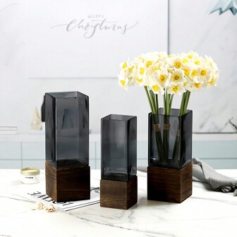 1 件斯堪的纳维亚风格黑色透明方形玻璃花瓶，带木质底座，4 种尺寸可选，适用于植物/花束，牢不可破的塑料花瓶，适用于婚礼中心装饰、水培装饰 Rama 装饰 Rama