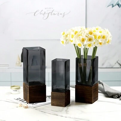 1pc Scandinavian Style Black Transparent Square Glass Vase With Wooden Base, 4 Size Options, For Plants/Floral Bouquets, Unbreakable Plastic Vase, Suitable For Wedding Centerpiece, Hydroponics Decor Rama Decoration Rama Home Decor Room Decor Flower Vase