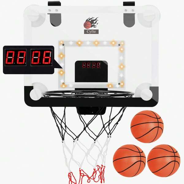 CYFIE Basketball Hoop Suction Cup, LED Light Basketball Hoop With Scoreboard, Hook, 3 Balls, Mini Indoor Basketball Toy Gifts