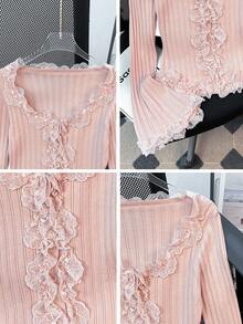 女士法式蕾丝边长袖开衫毛衣，修身款，适合秋冬季节，甜美少女风，适合日常穿着和约会，长袖上衣 - 粉色 - 查看 8