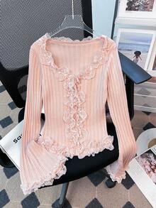 女士法式蕾丝边长袖开衫毛衣，修身款，适合秋冬季节，甜美少女风，适合日常穿着和约会，长袖上衣 - 粉色 - 查看 6