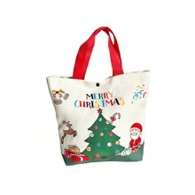 Christmas Canvas Tote Bags Cute Santa/Tree Pattern Reusable Goody Bags With Handle - Red - View 1