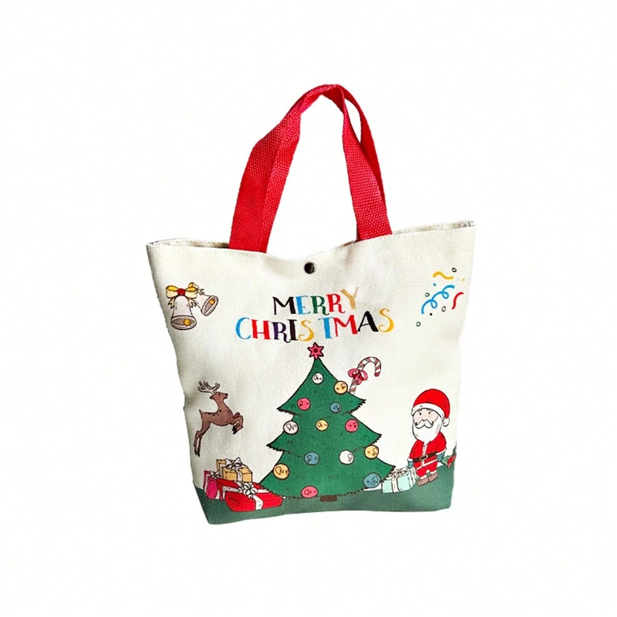 Christmas Canvas Tote Bags Cute Santa/Tree Pattern Reusable Goody Bags With Handle - Red - View 1