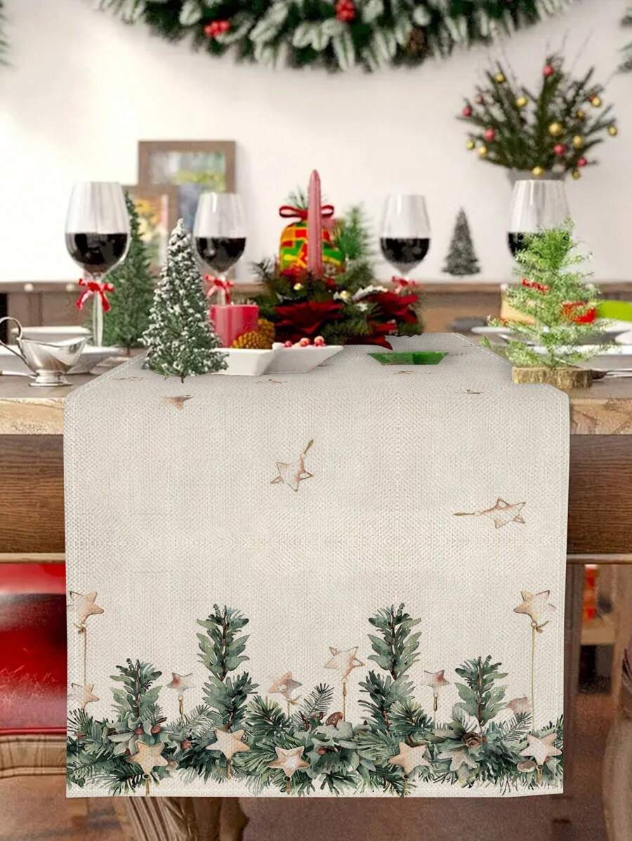 1pc Christmas Vine & Star Pattern Tabletop Flag, Home Decor Table Runner, Indoor/Outdoor Party Decoration, Suitable For Christmas Home Kitchen Decor & Christmas Event Party - Multicolor - View 1