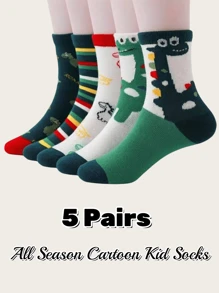5 Pairs Children/Toddlers Classic Cute Green Dinosaur Cartoon Mid-Calf Socks - Army Green - View 7