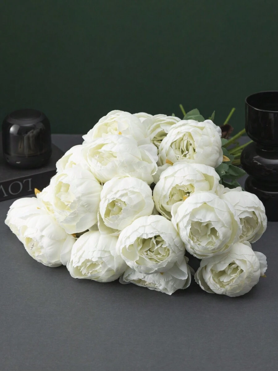 MEHELANY 5/2/1支 20.1英寸人造牡丹花，塑料花茎，白色复古牡丹人造花，丝绸仿真花束，适用于家居、餐桌、办公室、DIY婚礼派对中心装饰品、母亲节礼物