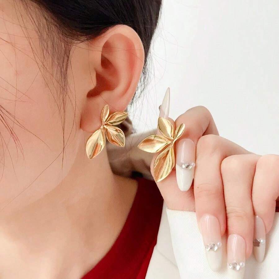 1 Cặp Bông tai hình lá cây đối xứng độc đáo bằng thép không gỉ 304, Phong cách thời trang thanh lịch cổ điển dành cho phụ nữ, Thích hợp làm quà tặng, tiệc tùng, trở lại trường, dịp lễ - Vàng - Xem 1