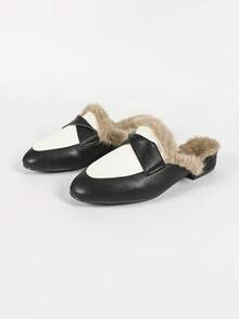 全新秋季/春季简约舒适保暖粗跟防滑黑白拼接女士黑色平底一脚蹬毛绒休闲穆勒鞋 - 黑與白 - 查看 7