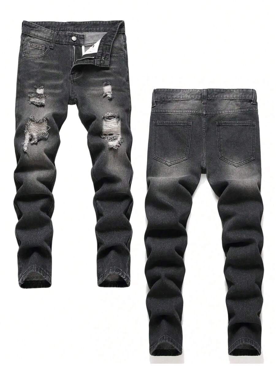 Pantalones vaqueros de niño preadolescente desgastados y lavados - Negro - Ver 1