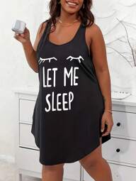 Plus Size Women Summer Casual Sleepwear Gown Sleeveless Tank Top Pajama Dress, Eyelash & Letter Print, Vacation