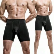 2PCS Anti-Chafing Mens Boxer Shorts Briefs Long Legs Underwear Separate Ball Pouch Support Comfort Pants Breathable Sports Style Underpants - Black - View 6