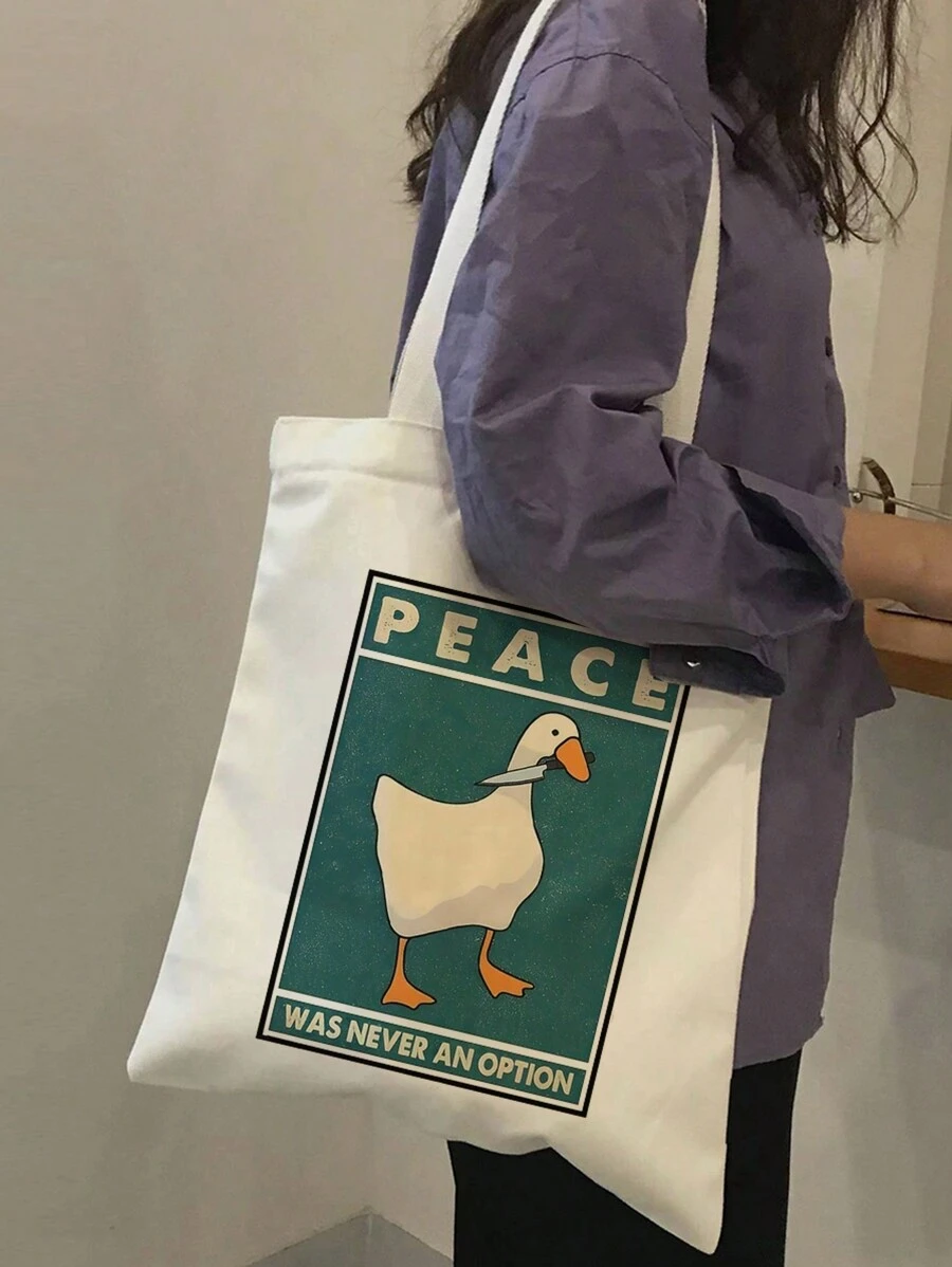 Túi đeo vai thời trang in hình chú vịt dễ thương, Túi tote vải canvas thời trang, Túi xách tay, Túi mua sắm cho nữ, Túi tote thường ngày cho học sinh, nhân viên văn phòng, Mua sắm, Hoạt động ngoài trời, Quà tặng - Màu be - Xem 1