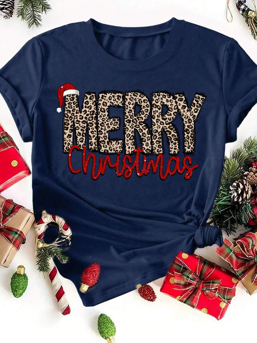 Merry Christmas Leopard Print Round Neck Short Sleeve Women T-Shirt - Dark Blue - View 1