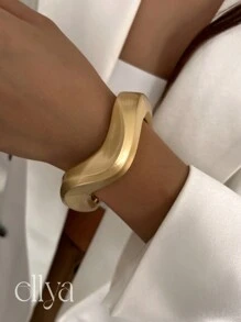 1pc Vintage Exaggerated Multi-Element Asymmetrical Cuff Bracelet, Punk Minimalist Thick Gold & Silver Tone Expandable Elastic Open Bangle, Suitable For Women's Daily Commute, Party, Festival Gift, Casual Holiday Charm Jewelry Accessory - Yellow Gold - View 14