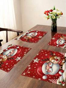 Set de 4 manteles individuales con temas navideños, hechos de lino tejido con patrones de Papá Noel y renos, resistentes al calor, cuadrados, lavables a máquina, adecuados para la decoración festiva de restaurantes - Burdeos - Ver 1