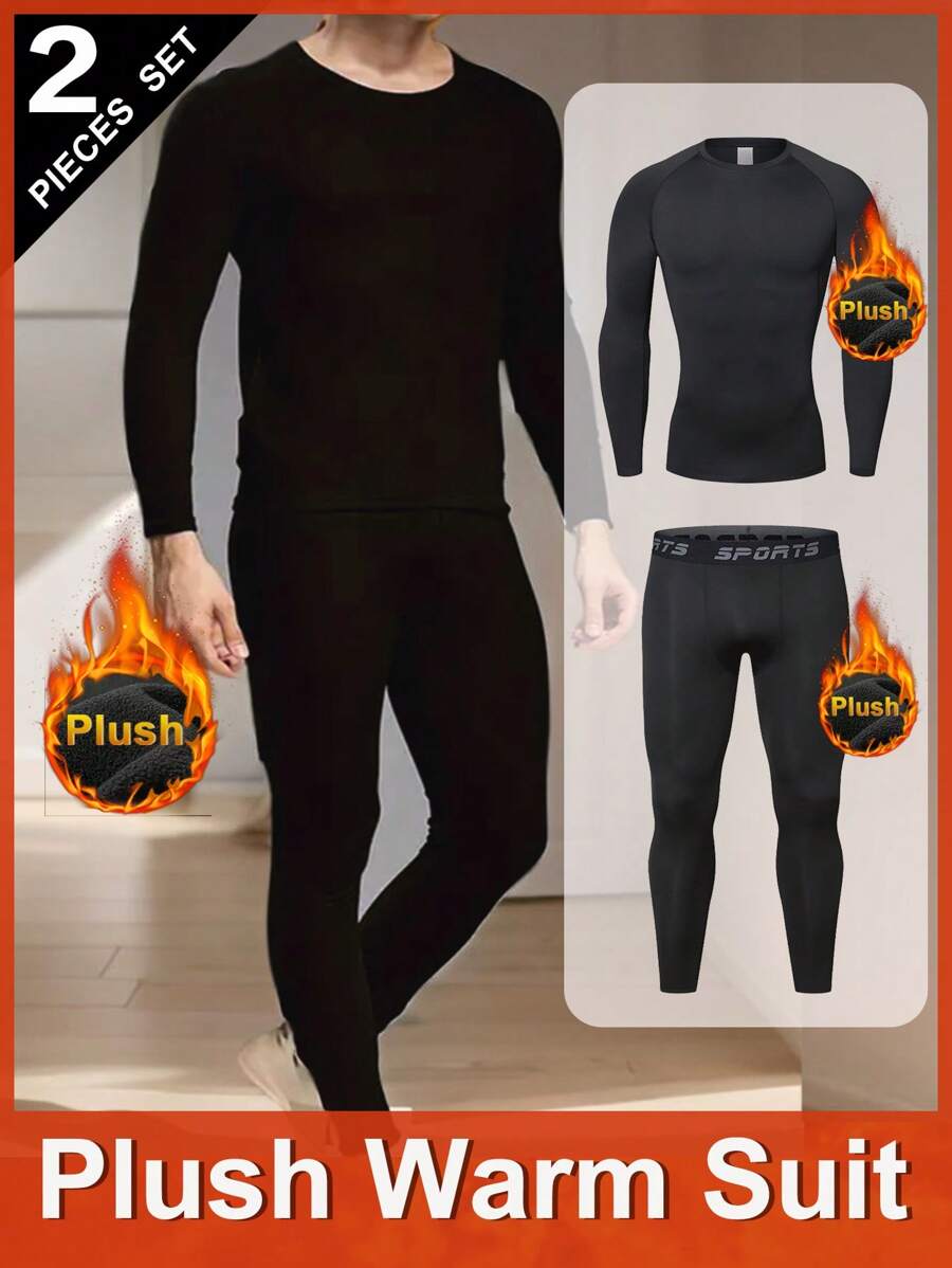 Zestaw bielizny termicznej dla mężczyzn, jednolity kolor, długi rękaw, top i spodnie, ciepłe ubrania warstwowe na zimną pogodę i sporty na świeżym powietrzu, takie jak narciarstwo, jesień/zima